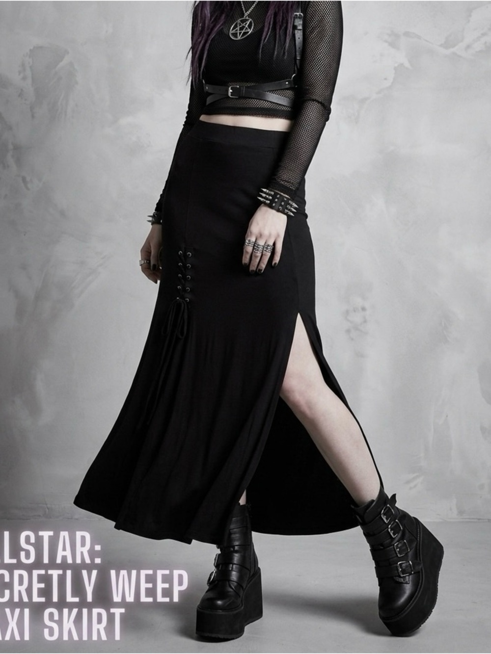 Killstar Secretly Weep Black Lace-Up Maxi Skirt Women’s M